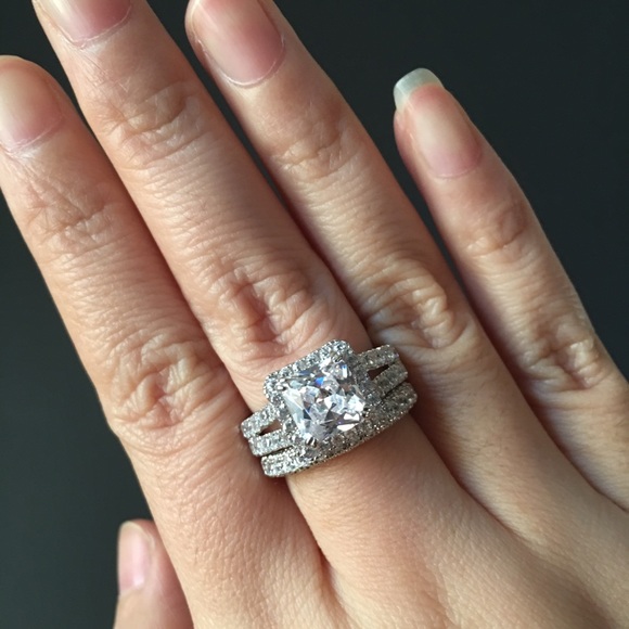 2pcs 925 Silver Engagement Ring Wedding Band Set - Picture 7 of 7